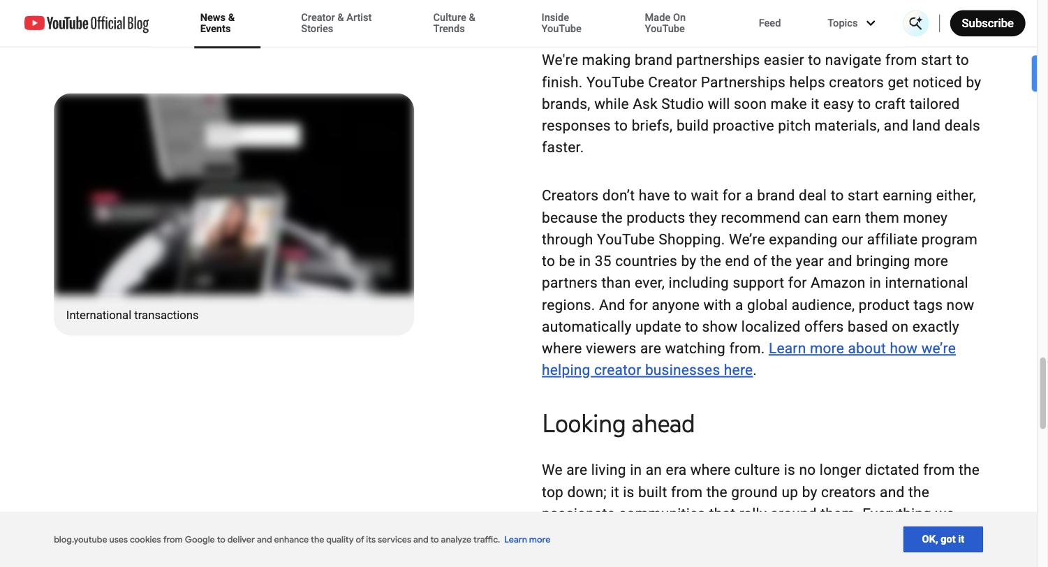 Screenshot of YouTube's Made on YouTube announcement confirming the affiliate program expansion to 35 countries with Amazon support and automatically localized product tags