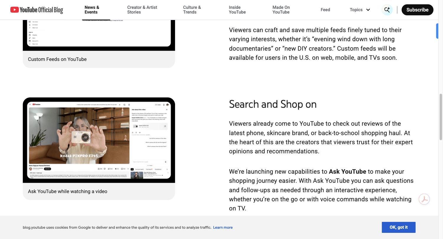 Screenshot from YouTube's own announcement showing the Search and Shop section, with Ask YouTube running alongside a camera review video